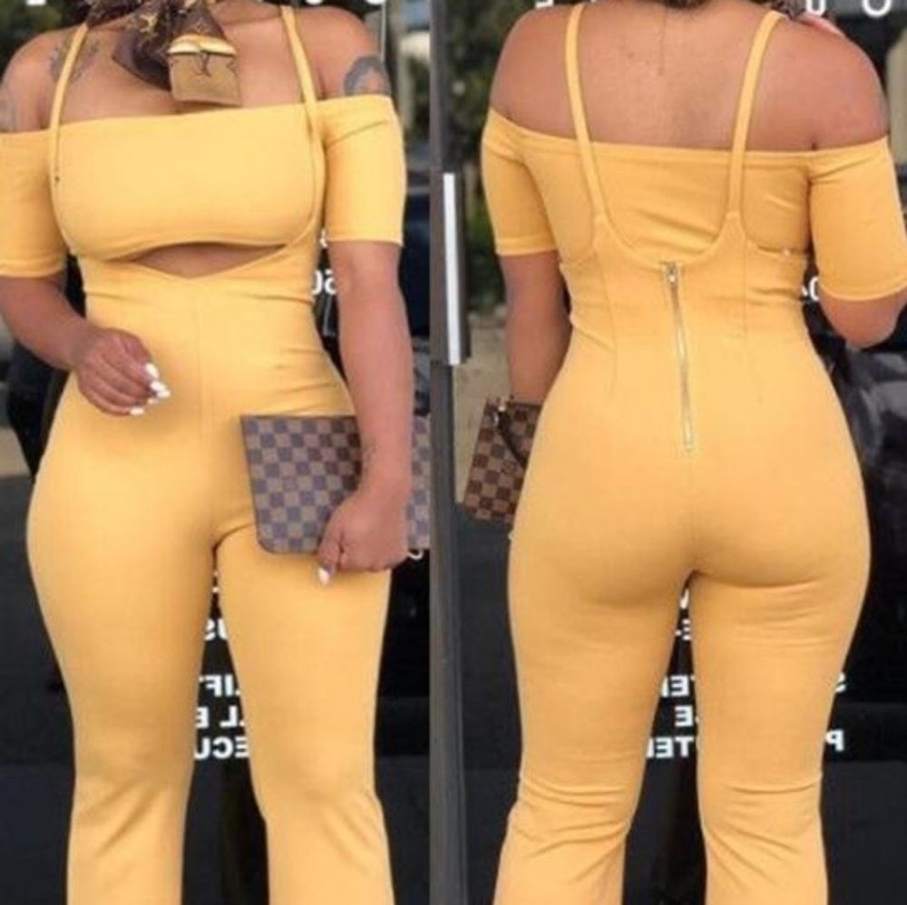 Fashion Dew Shoulder Yellow Two-piece Pants Sets